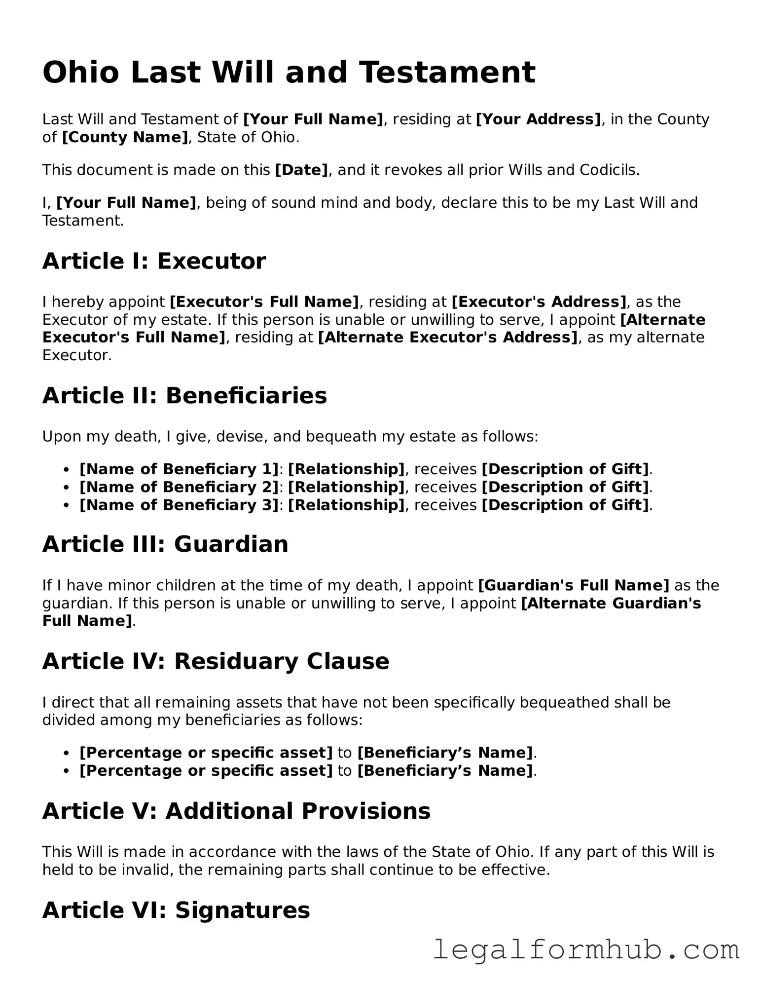 Free  Last Will and Testament Template for Ohio