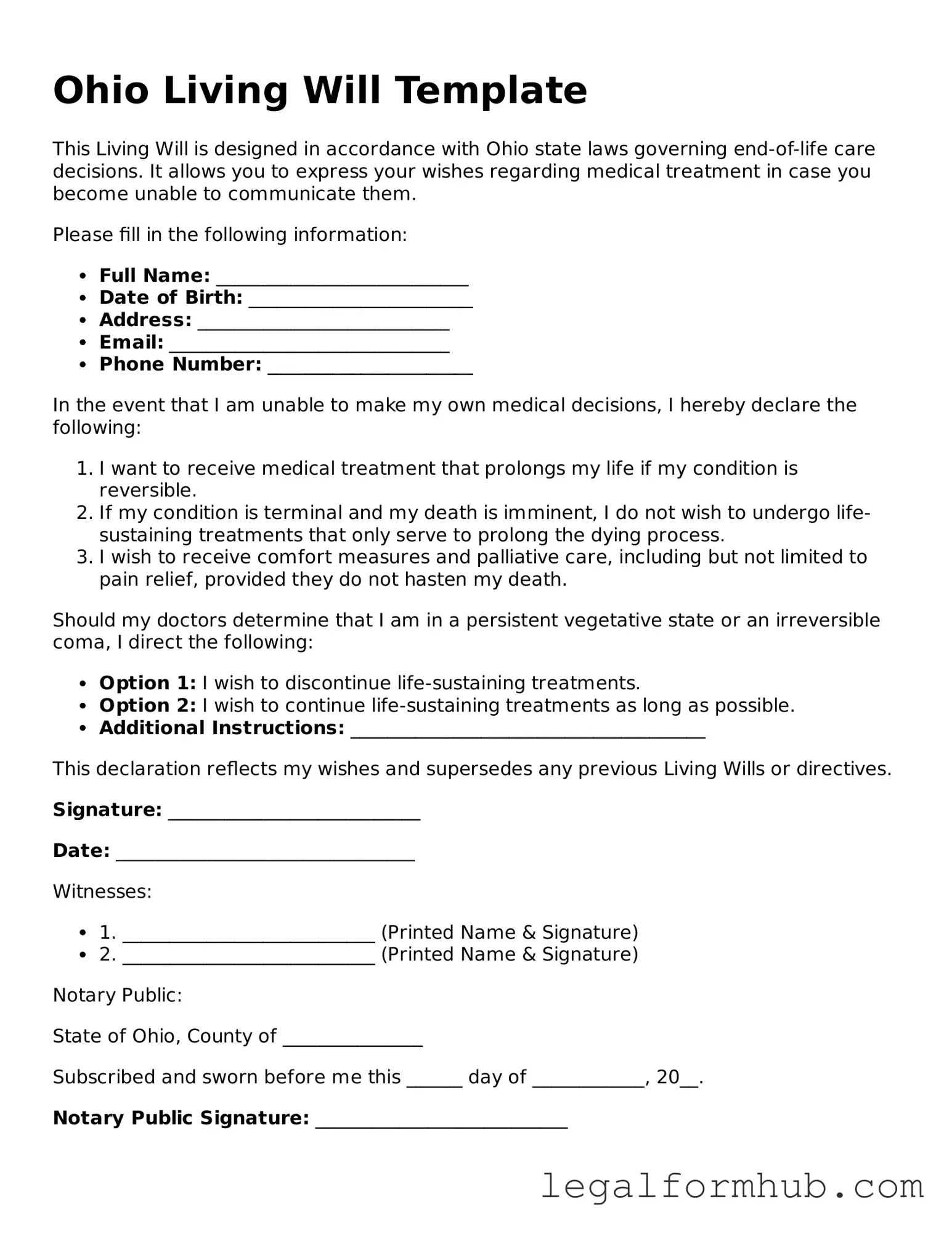 Free  Living Will Template for Ohio