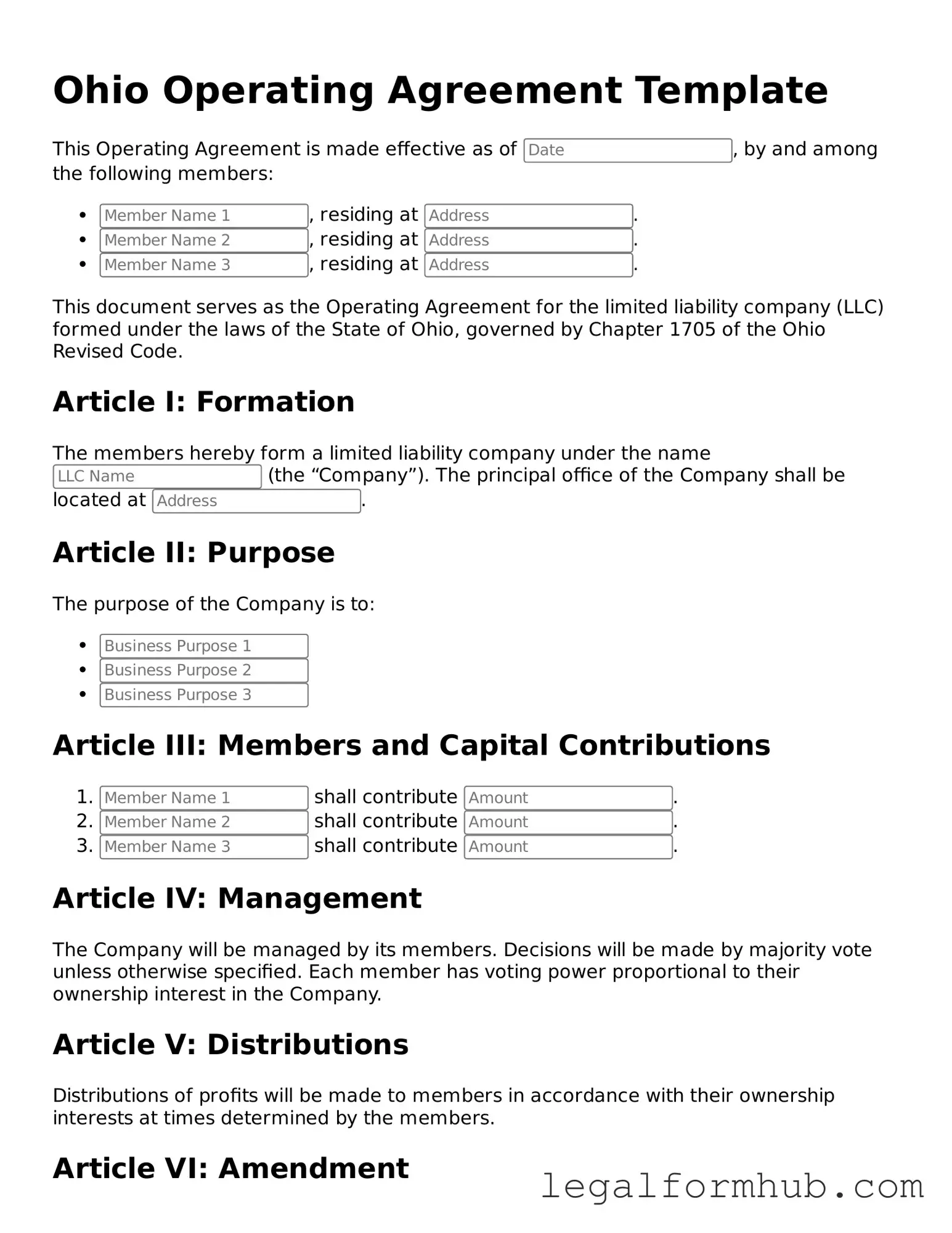Free  Operating Agreement Template for Ohio