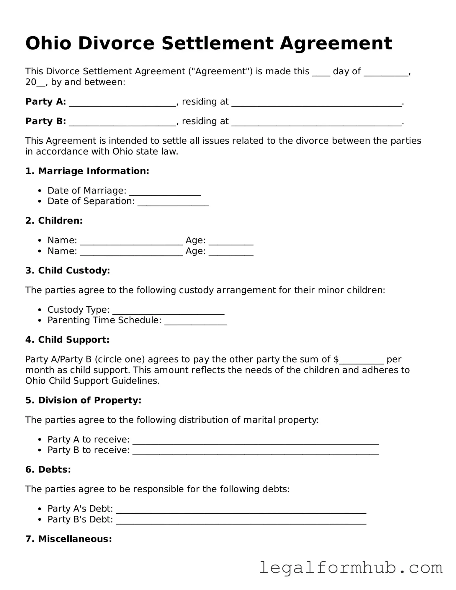 Free  Divorce Settlement Agreement Template for Ohio