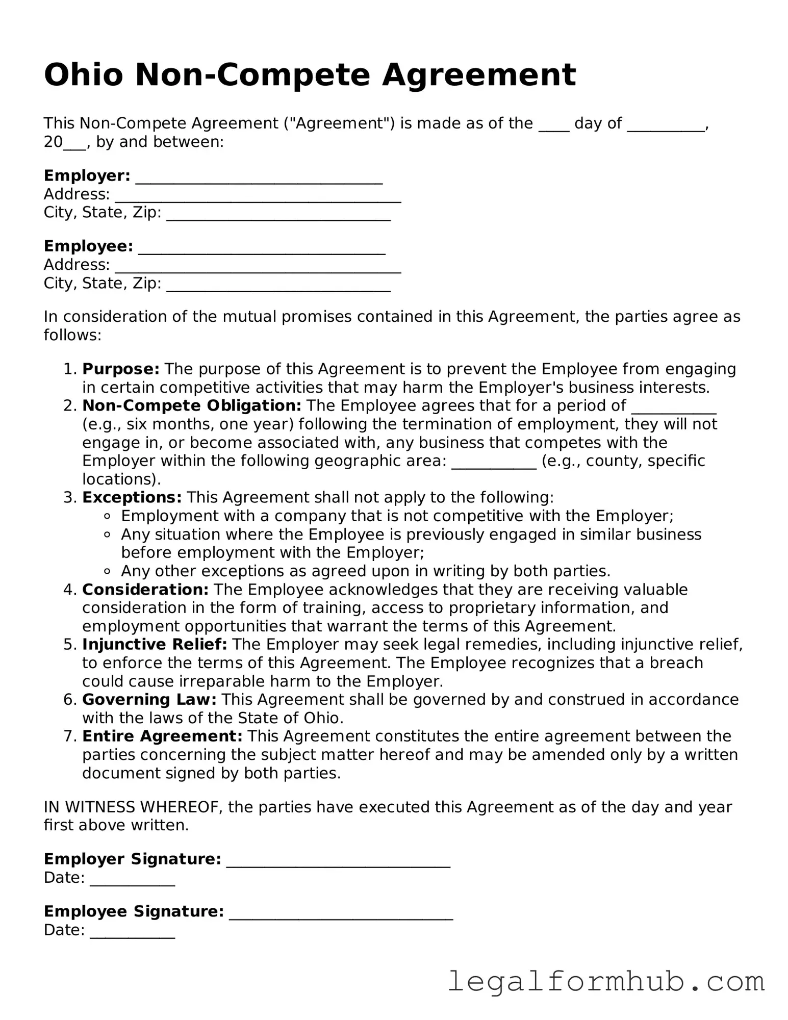 Free  Non-compete Agreement Template for Ohio