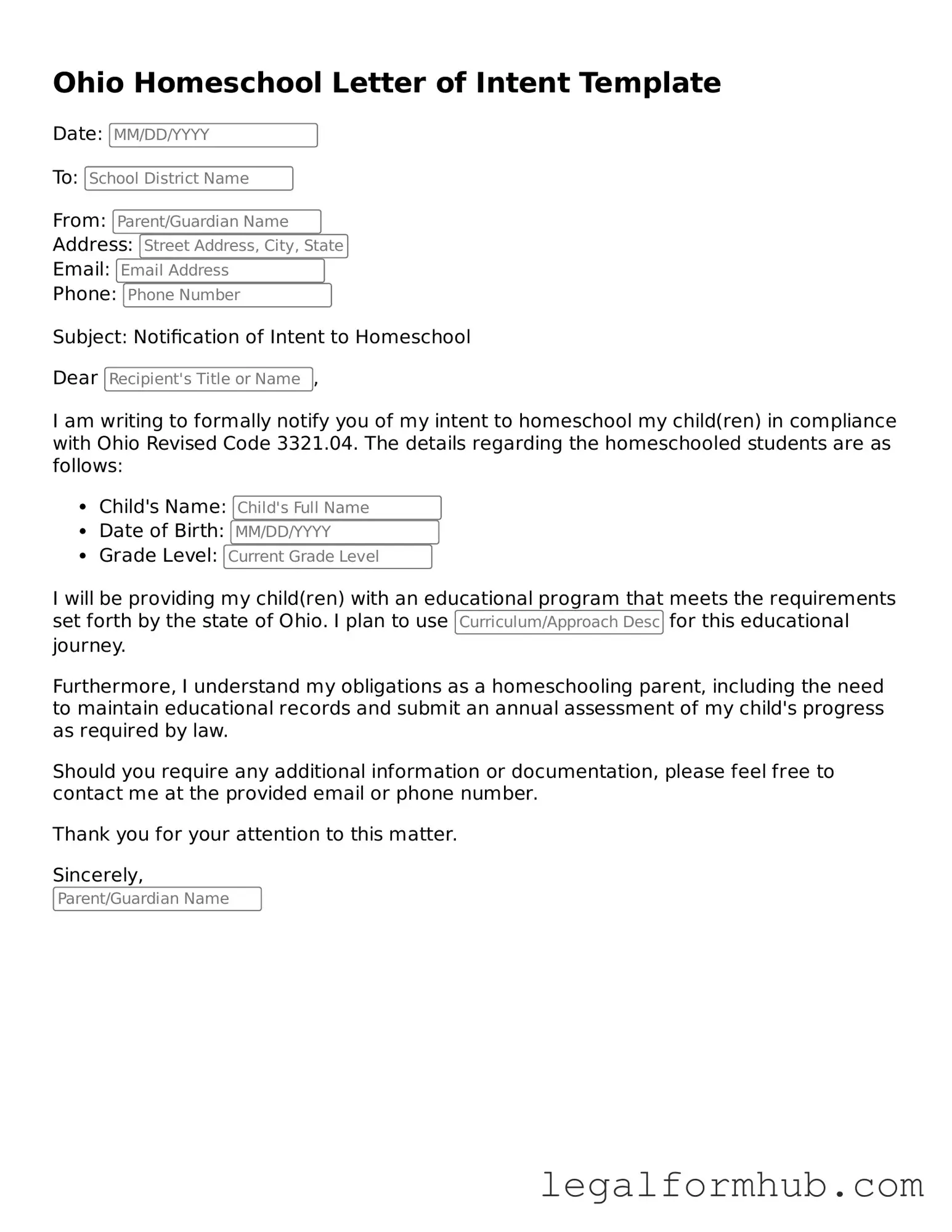 Free  Homeschool Letter of Intent Template for Ohio