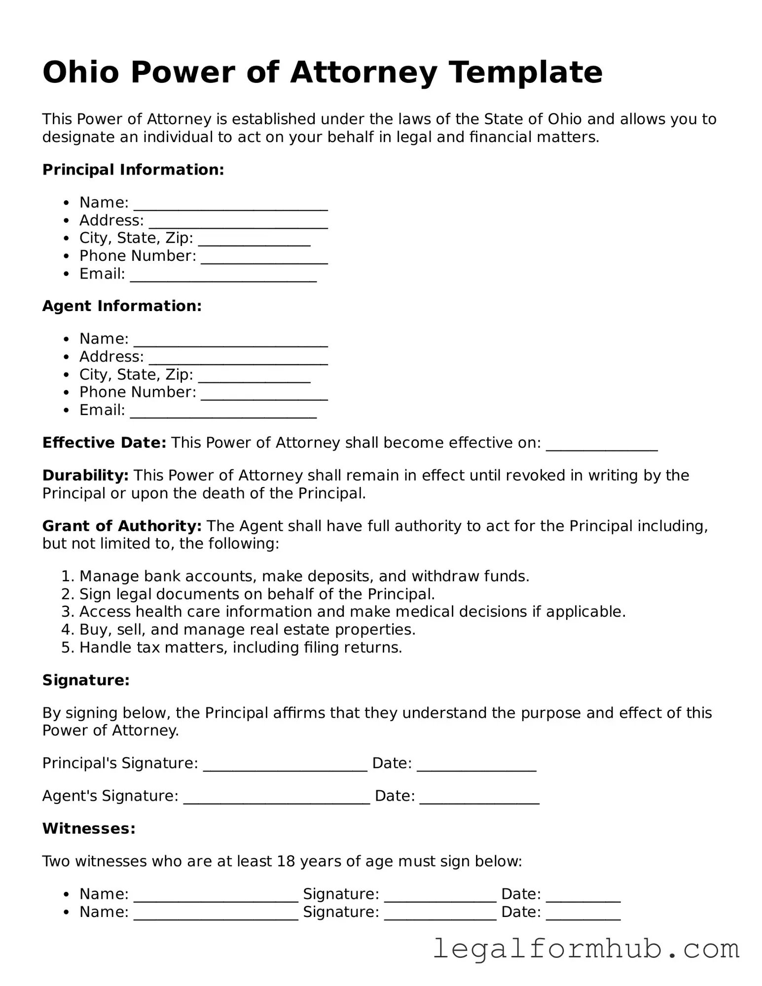 Free  Power of Attorney Template for Ohio