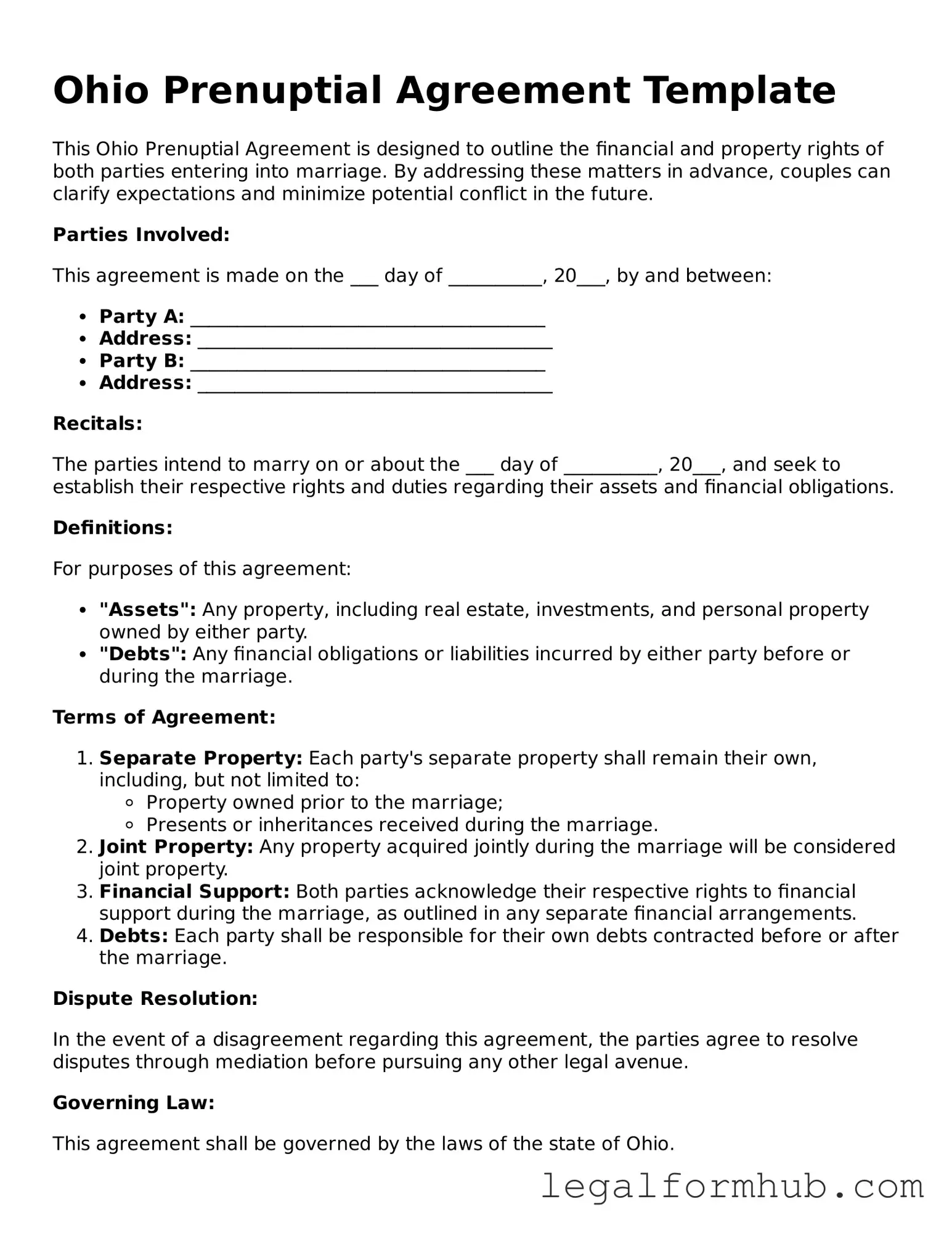Free  Prenuptial Agreement Template for Ohio
