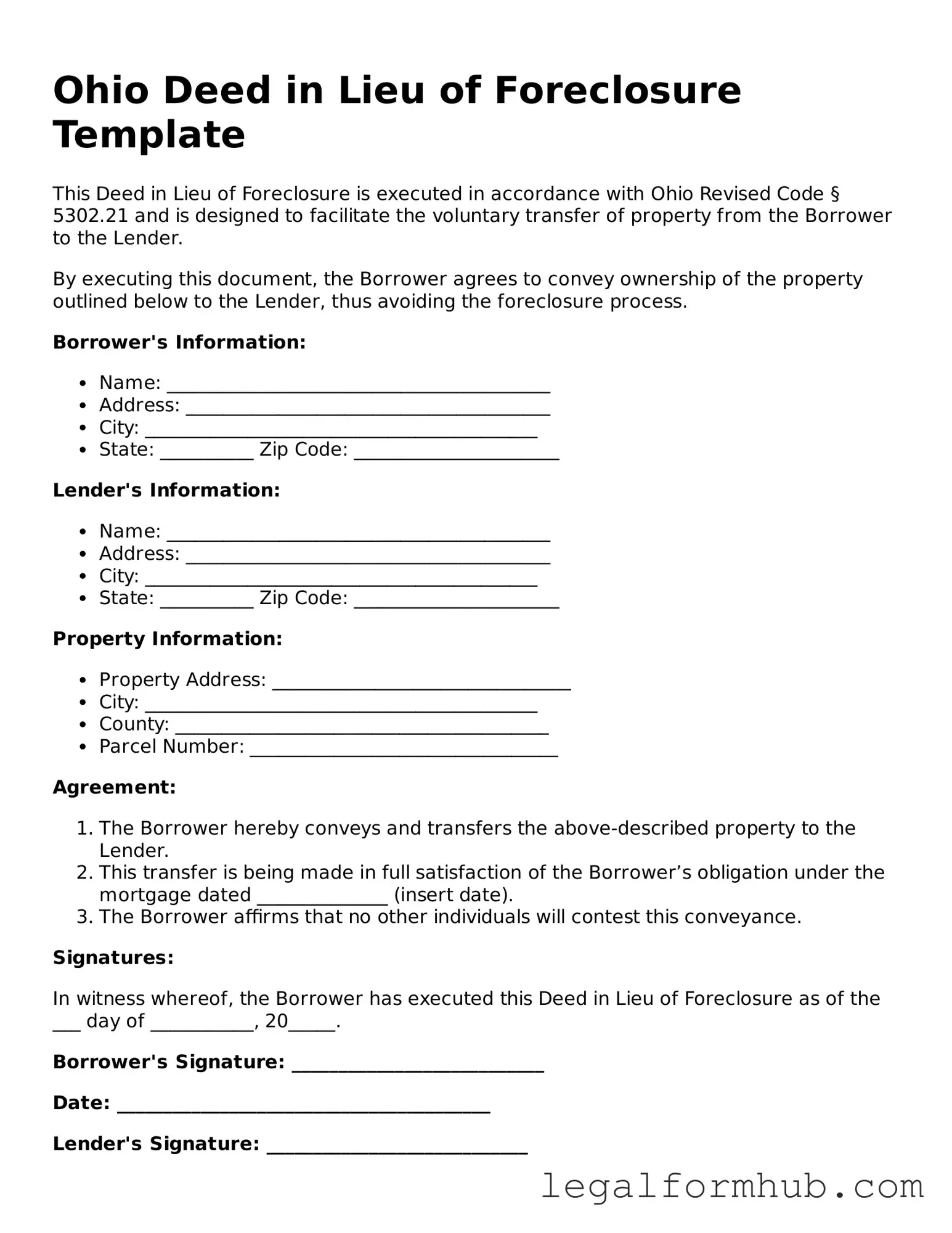 Free  Deed in Lieu of Foreclosure Template for Ohio