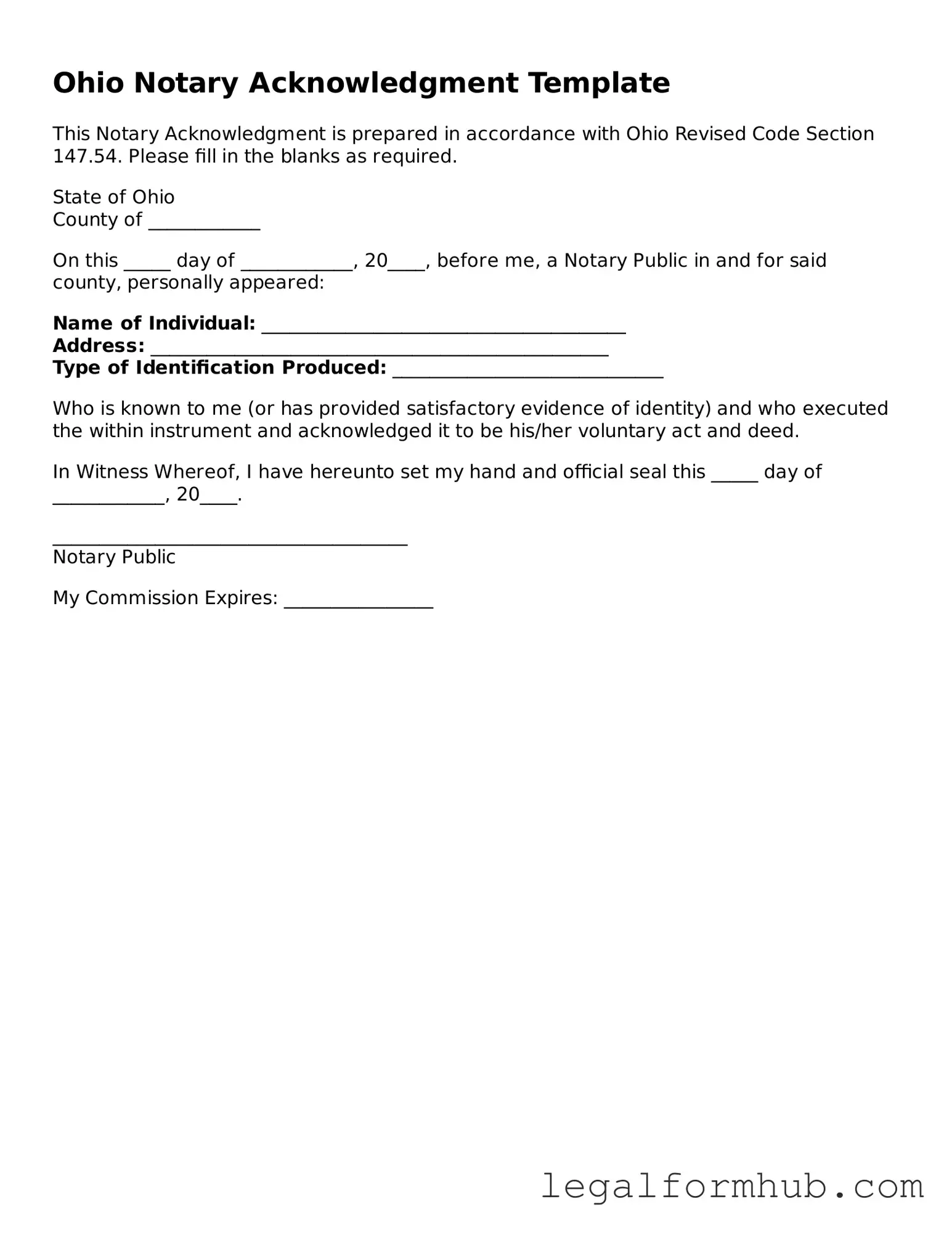 Free  Notary Acknowledgement Template for Ohio