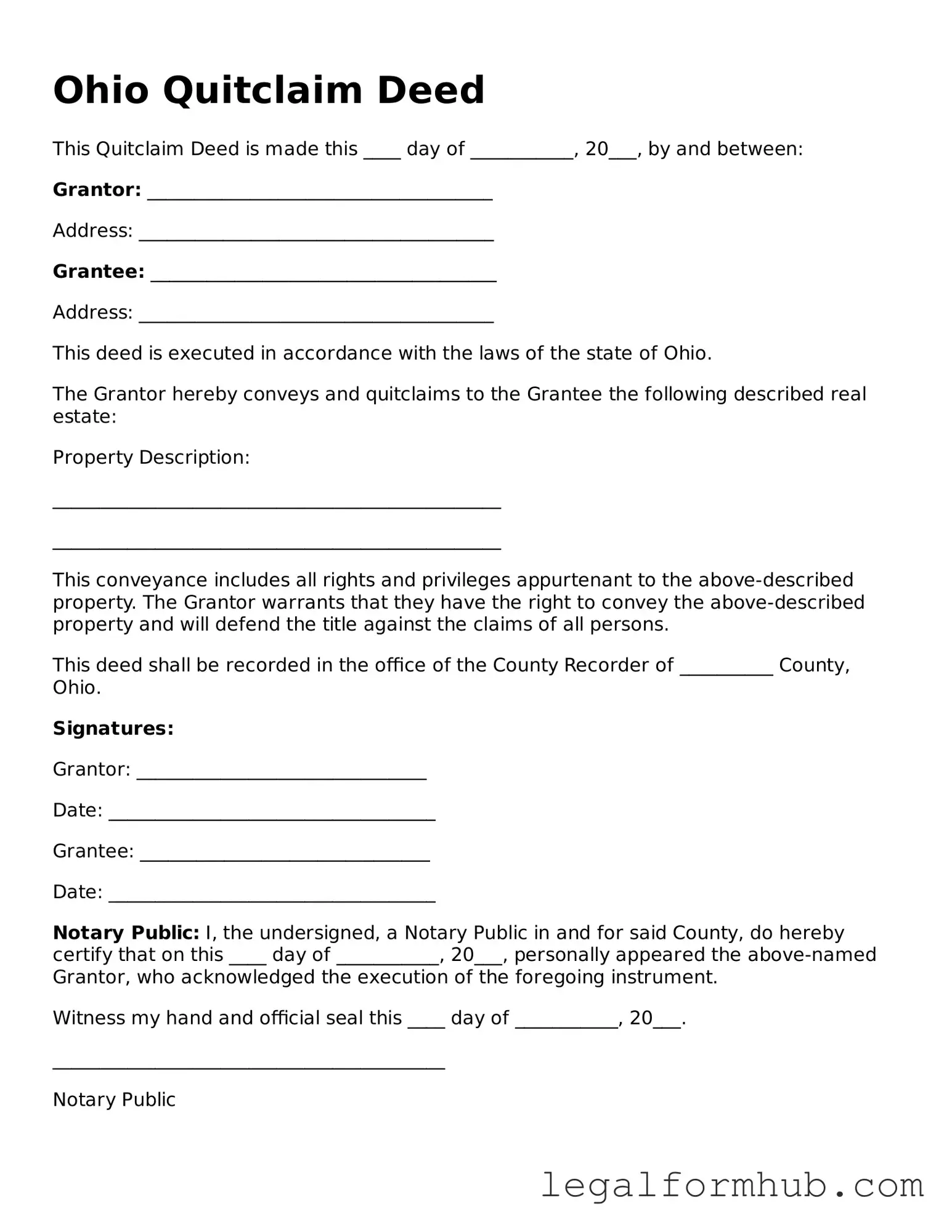 Free  Quitclaim Deed Template for Ohio