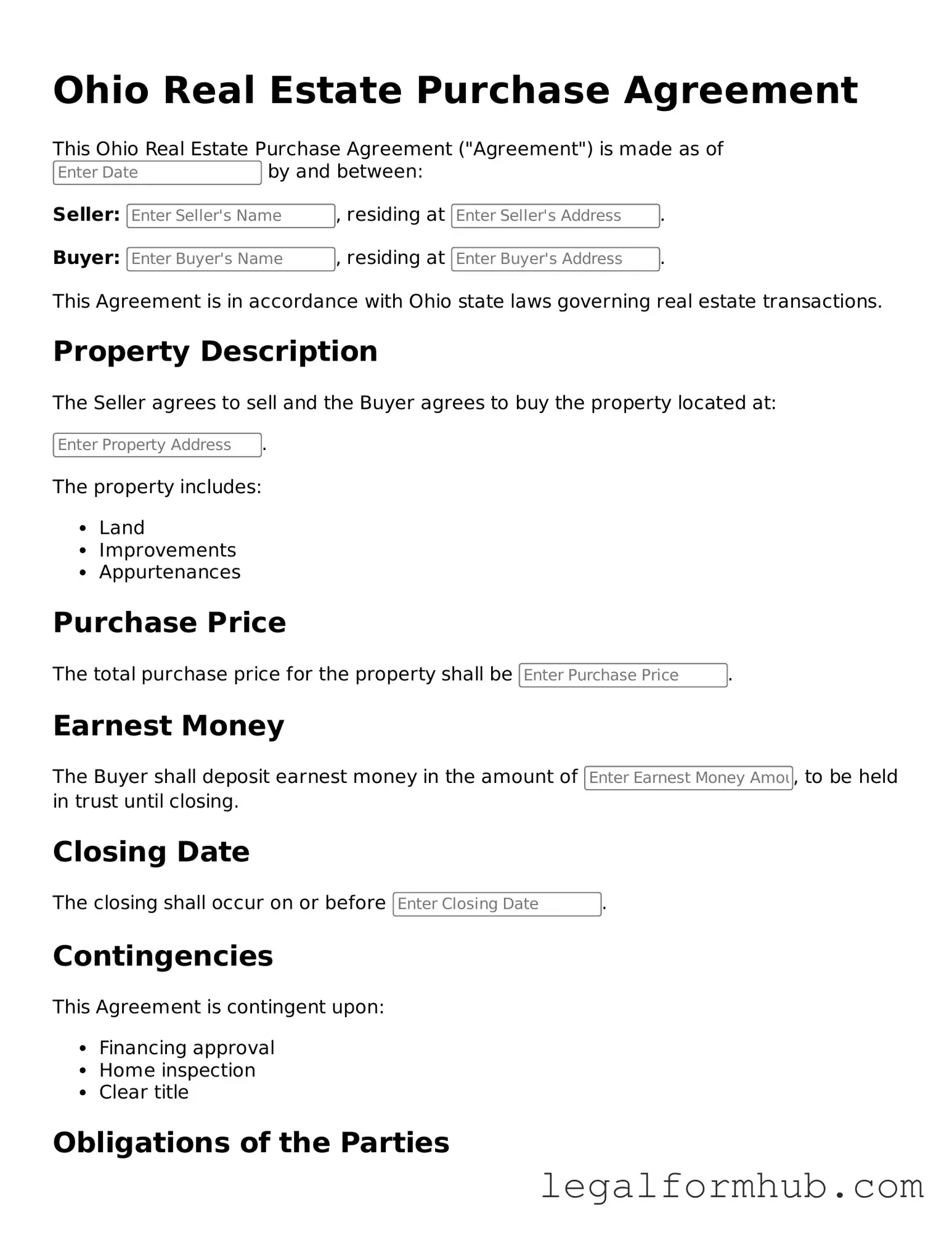 Free  Real Estate Purchase Agreement Template for Ohio