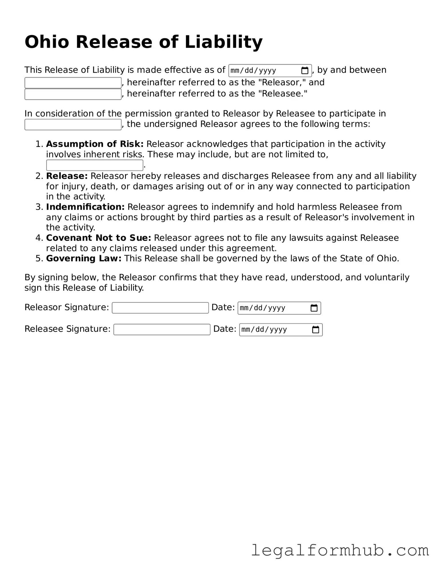 Free  Release of Liability Template for Ohio