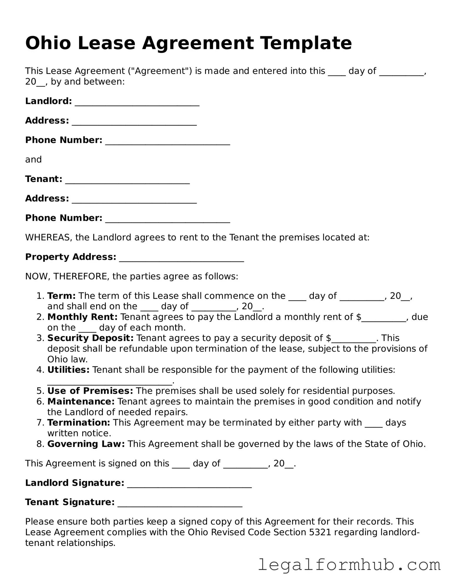 Free  Lease Agreement Template for Ohio