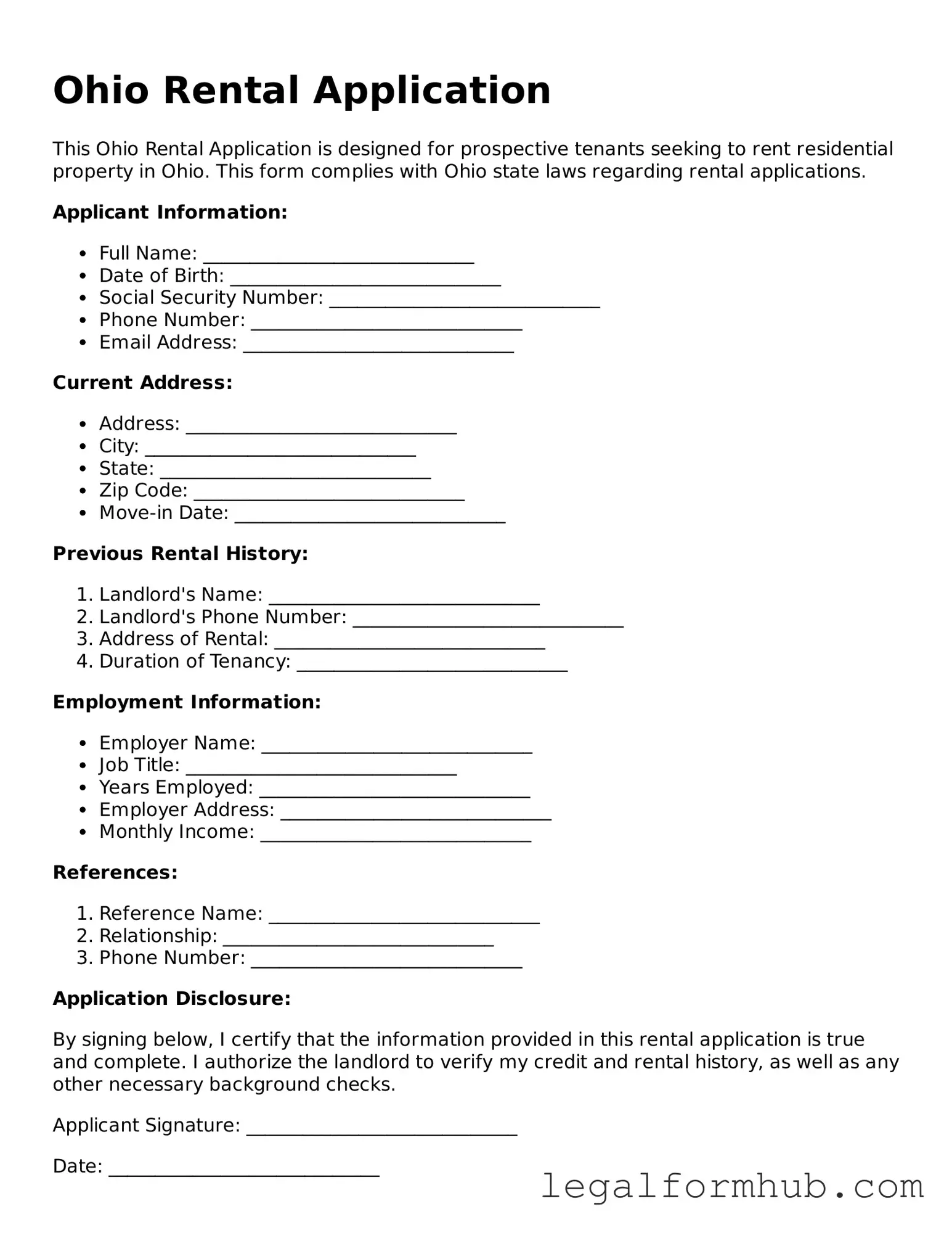 Free  Rental Application Template for Ohio