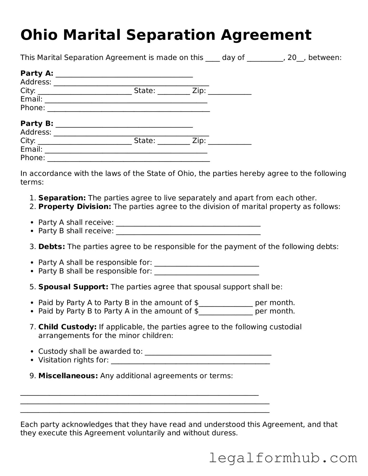 Free  Marital Separation Agreement Template for Ohio