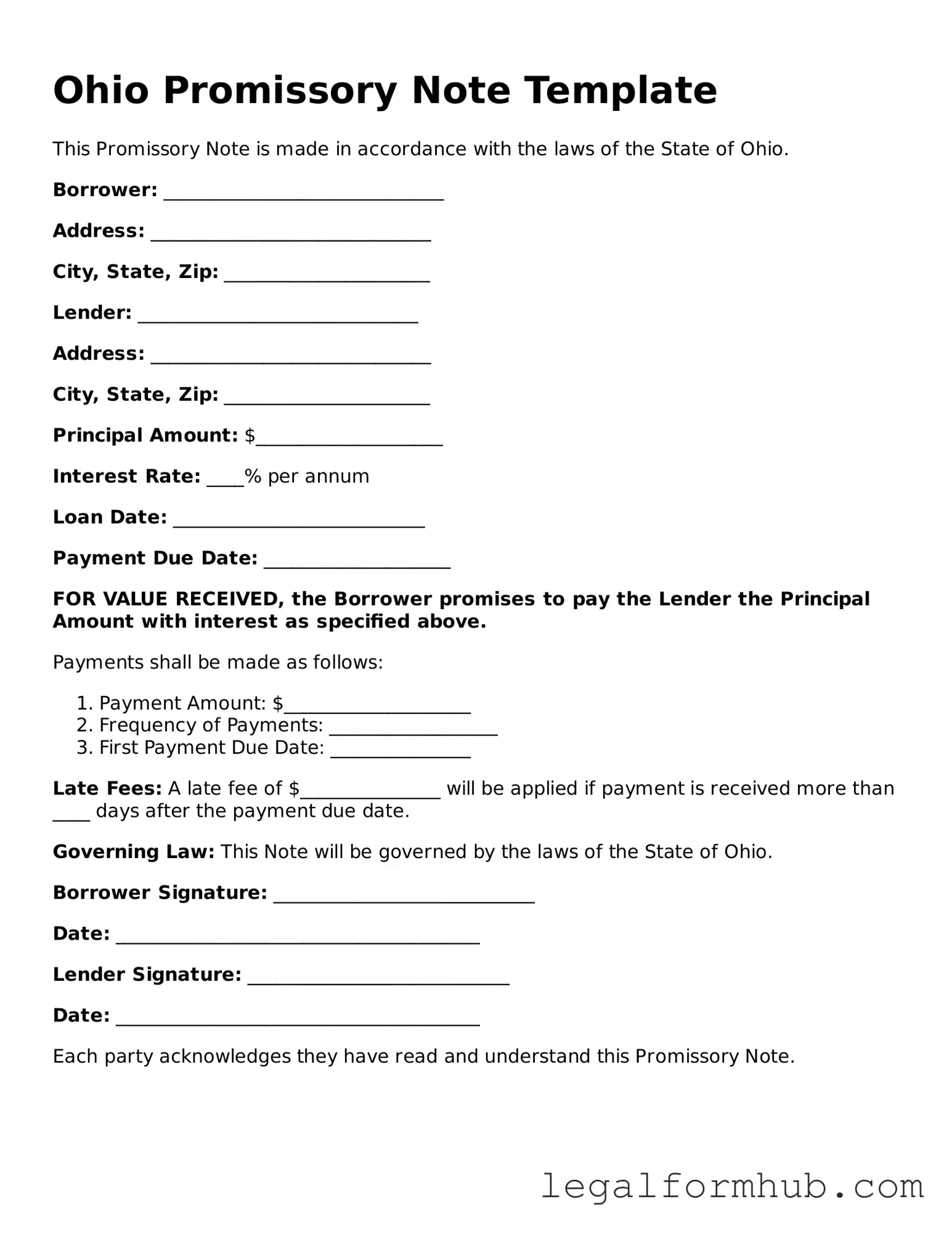 Free  Promissory Note Template for Ohio