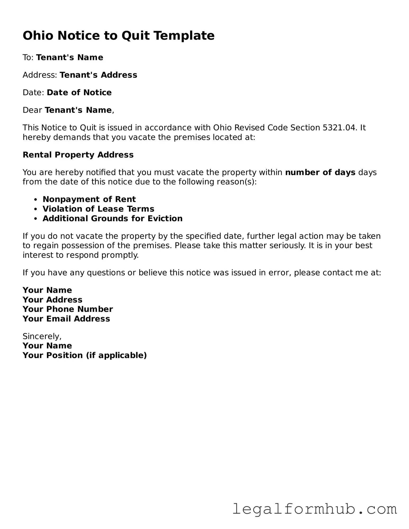 Free  Notice to Quit Template for Ohio