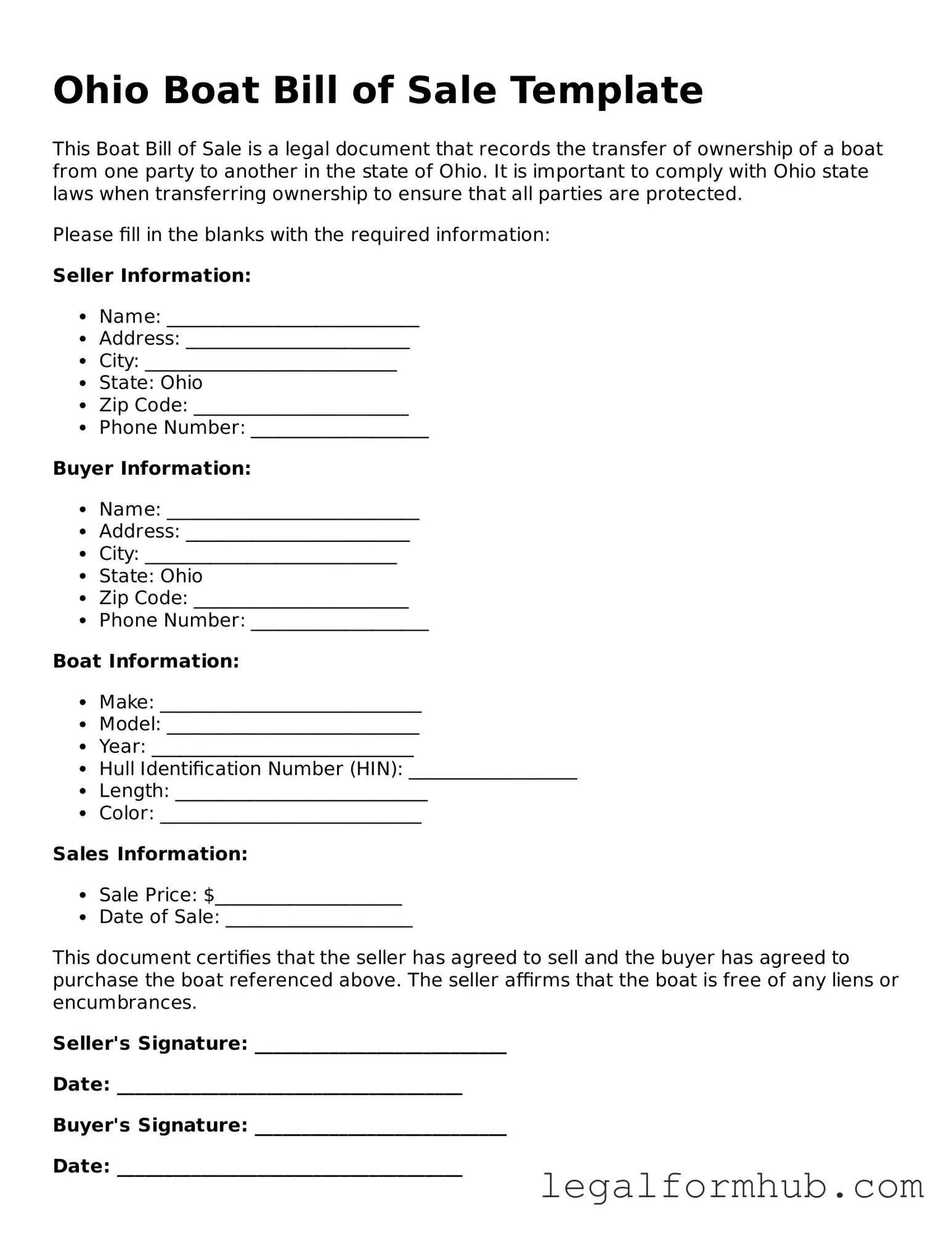 Free  Boat Bill of Sale Template for Ohio