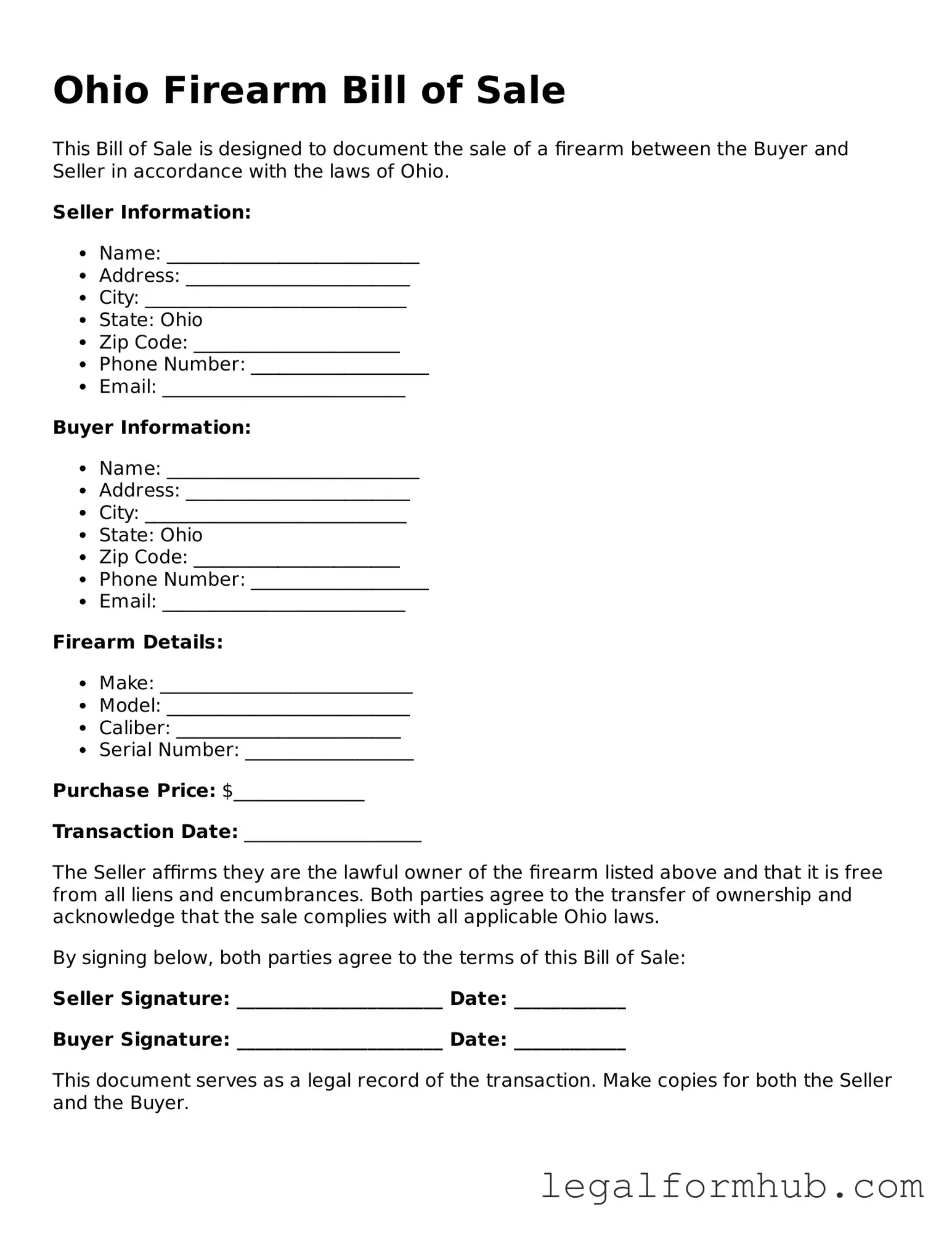 Free  Firearm Bill of Sale Template for Ohio