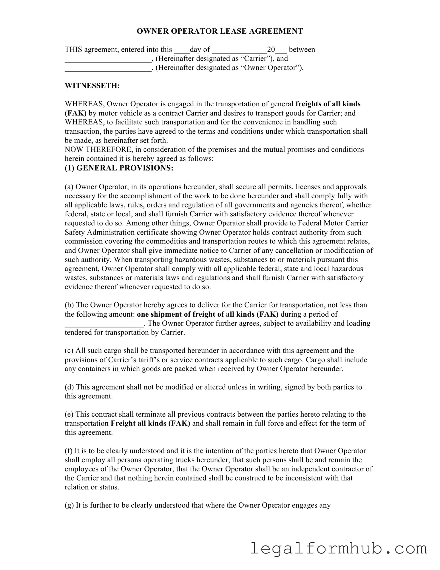 Fill Your Owner Operator Lease Agreement Form