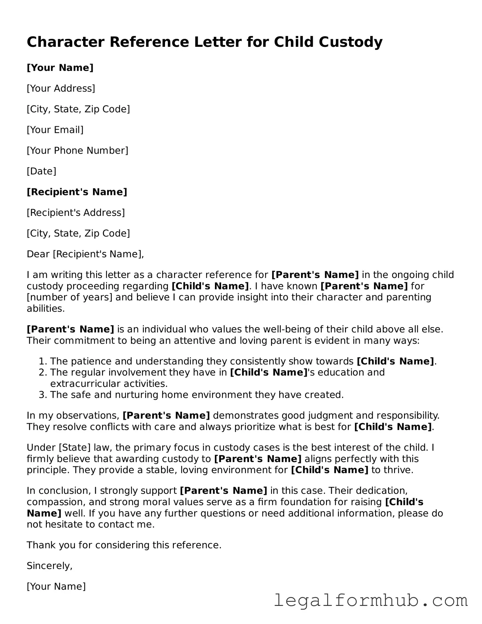 Printable Character Reference Letter for Child Custody Document