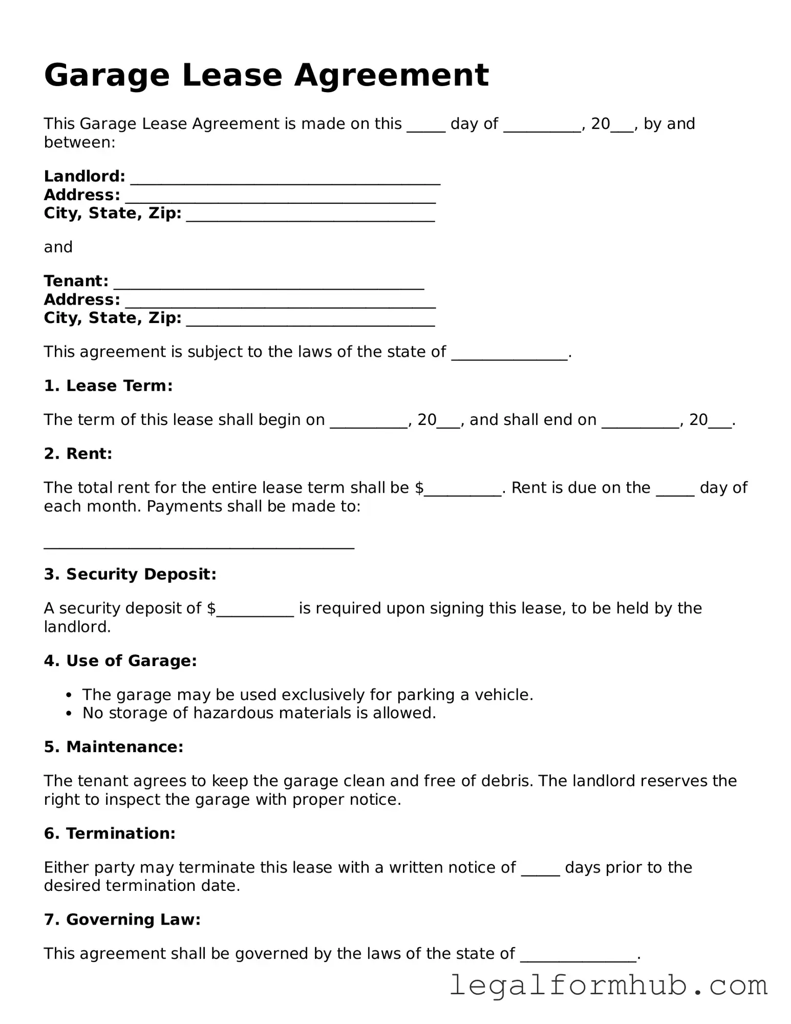 Printable Garage Lease Agreement Document