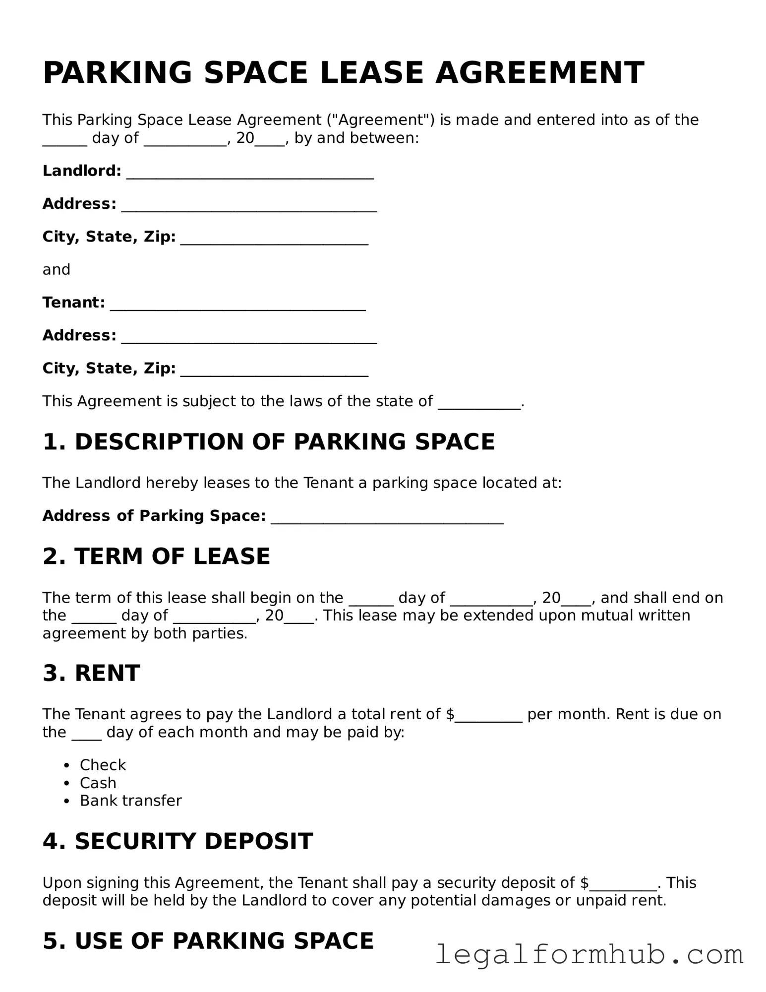 Printable Parking Space Lease Agreement Document