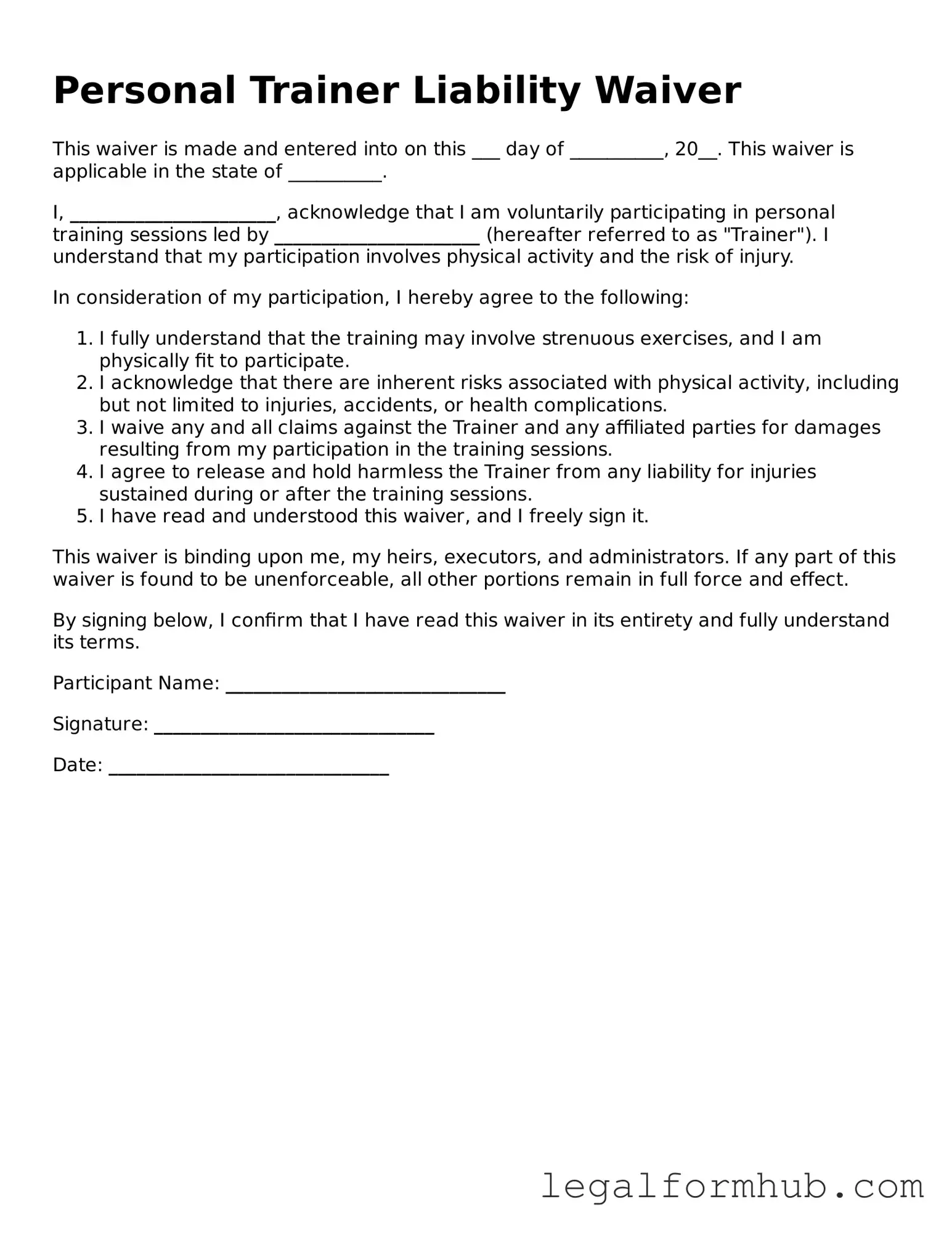 Printable Personal Trainer Liability Waiver Document