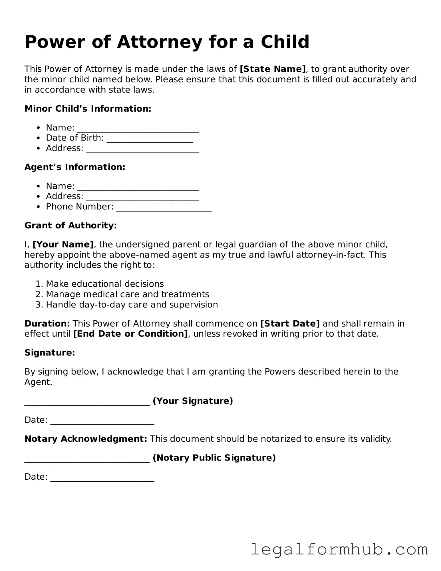 Printable Power of Attorney for a Child Document