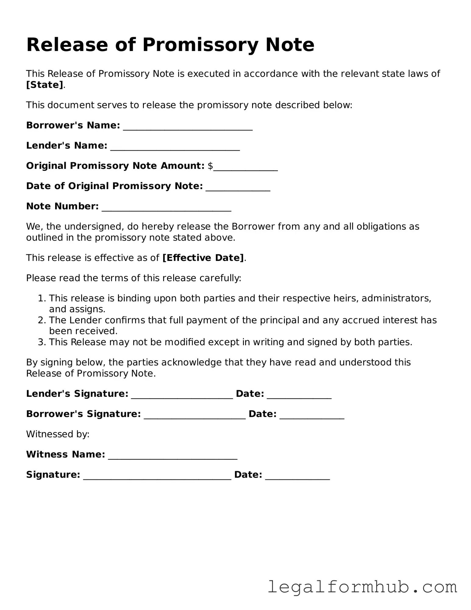 Printable Release of Promissory Note Document
