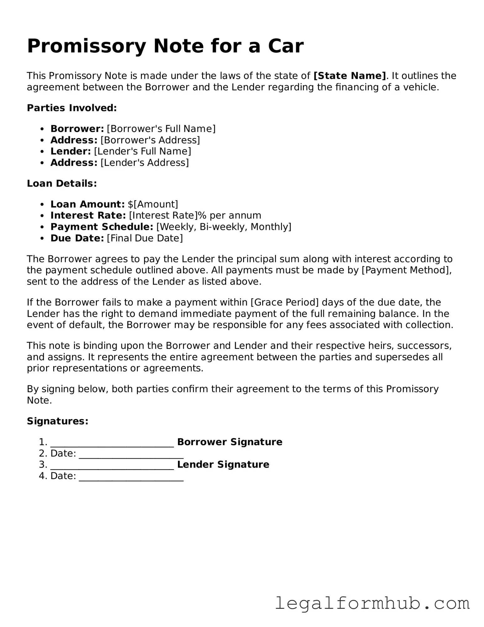 Printable Promissory Note for a Car Document
