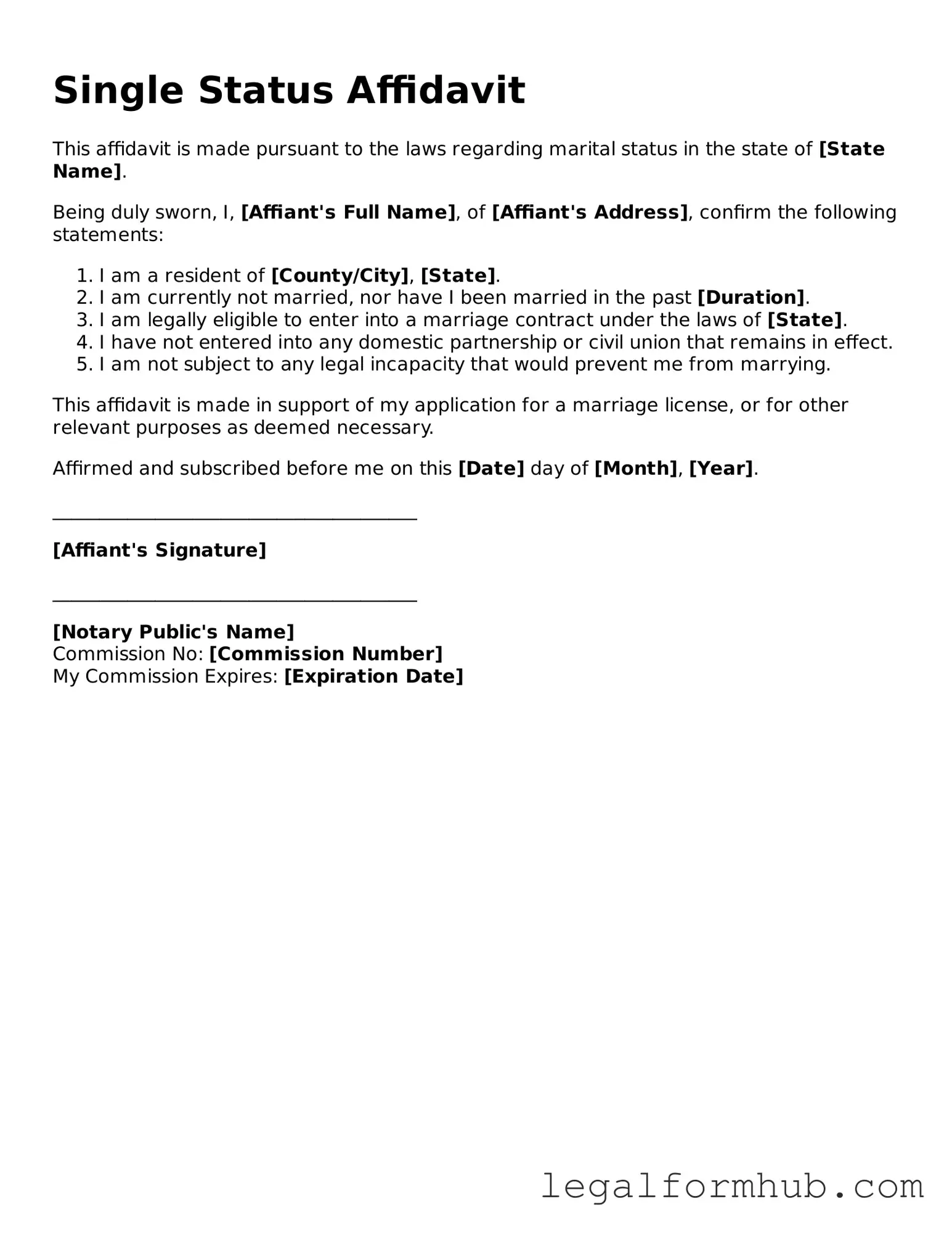 Printable Single Status Affidavit Document