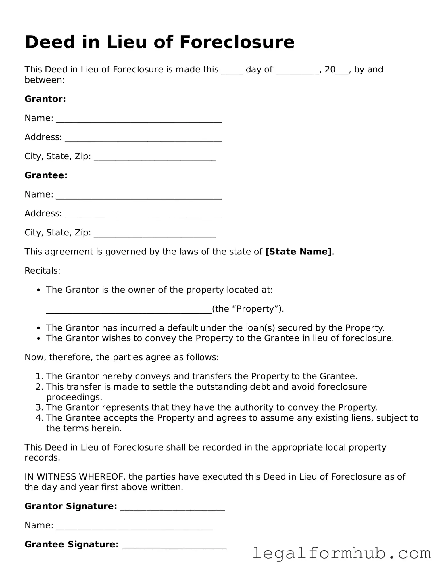 Printable Deed in Lieu of Foreclosure Document