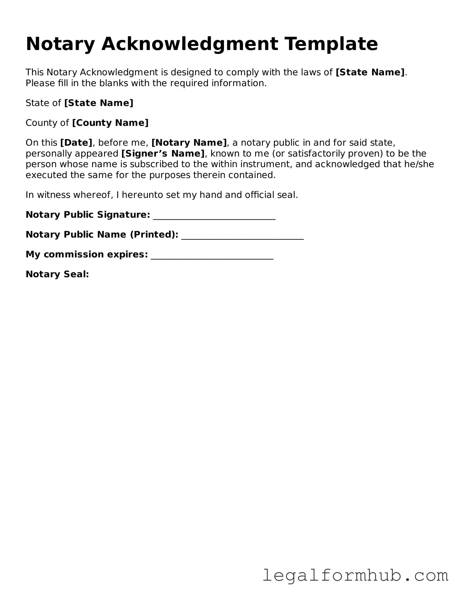 Printable Notary Acknowledgement Document