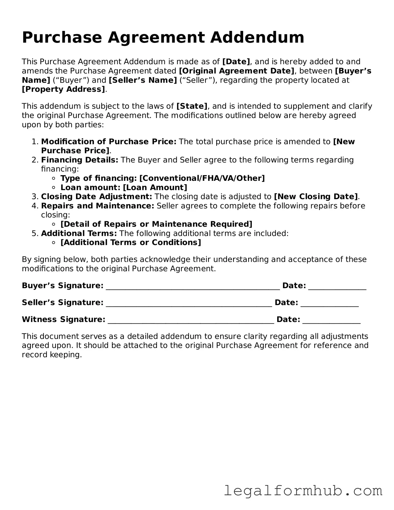 Printable Purchase Agreement Addendum Document