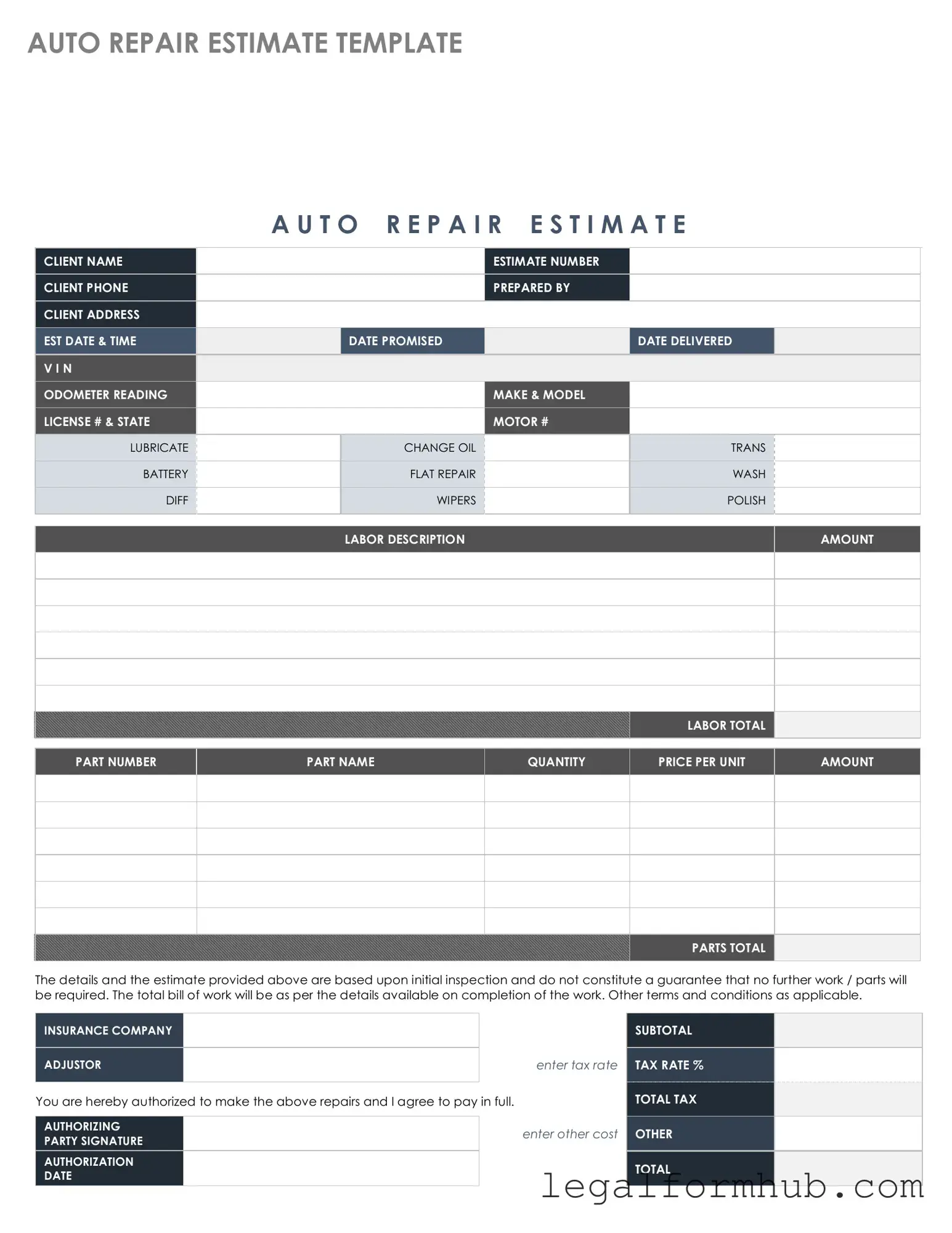 Fill Your Auto Repair Estimate Form
