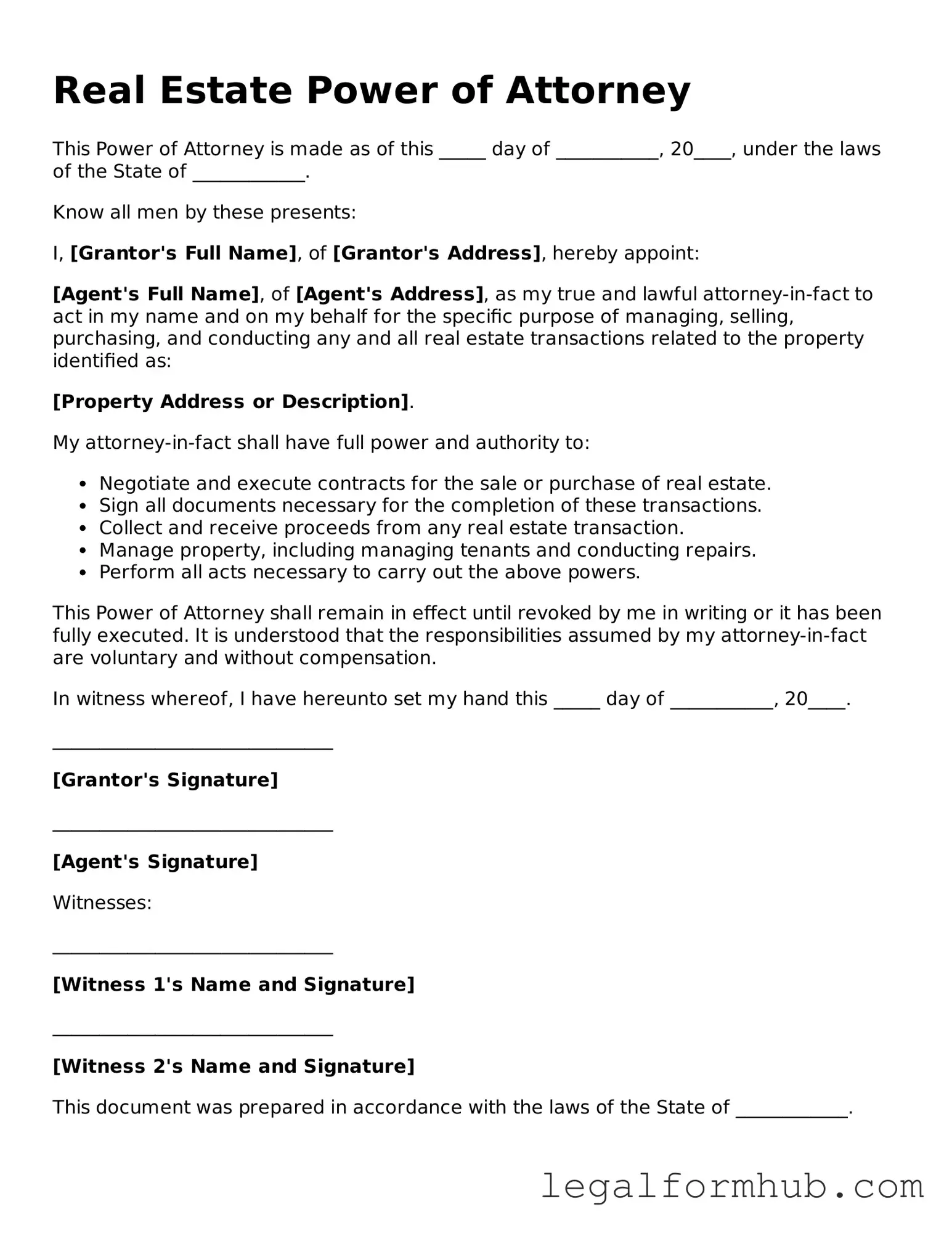 Printable Real Estate Power of Attorney Document