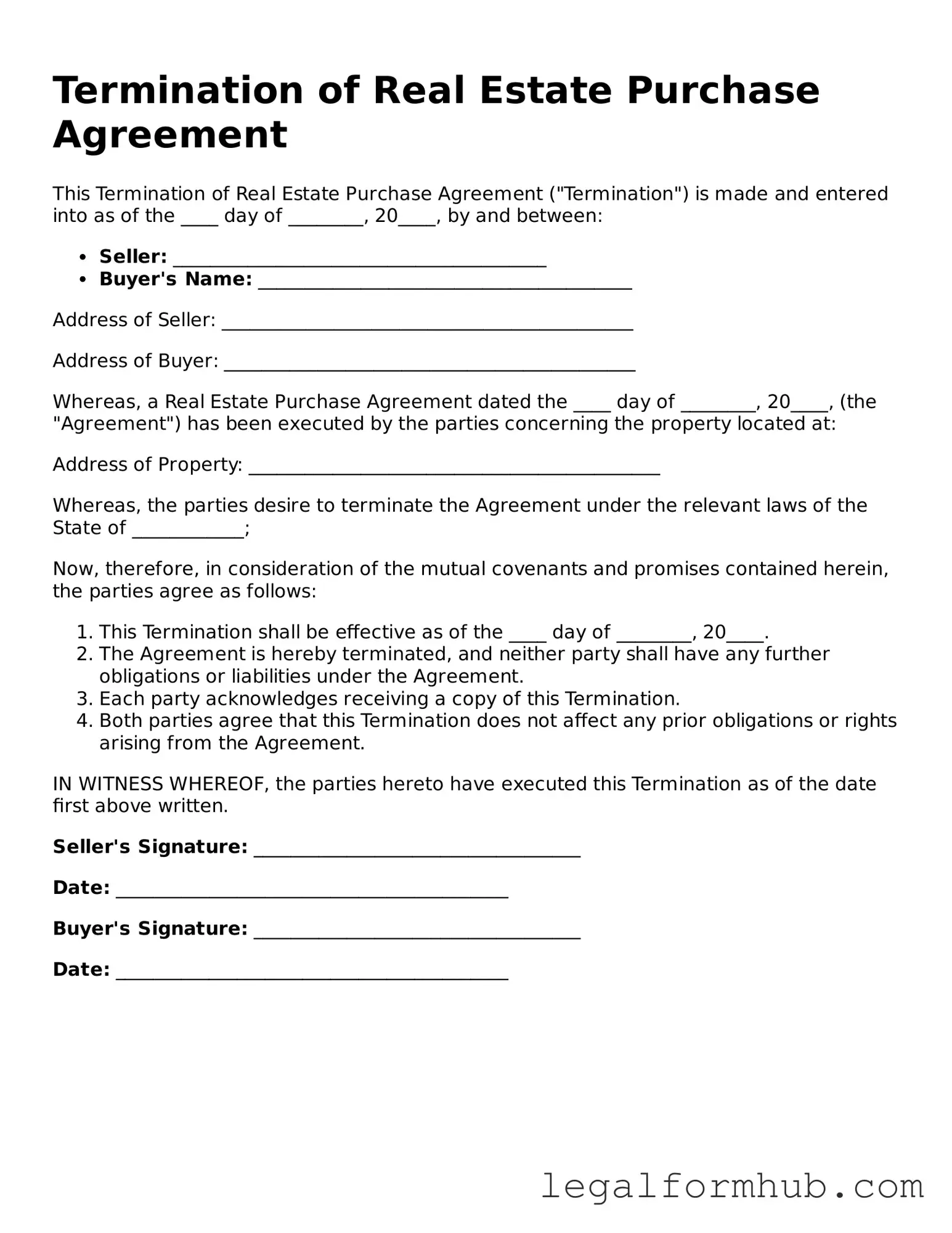 Printable Termination of Real Estate Purchase Agreement Document