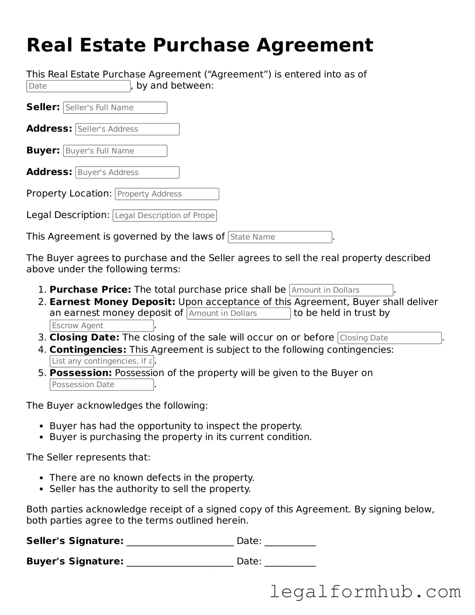 Printable Real Estate Purchase Agreement Document