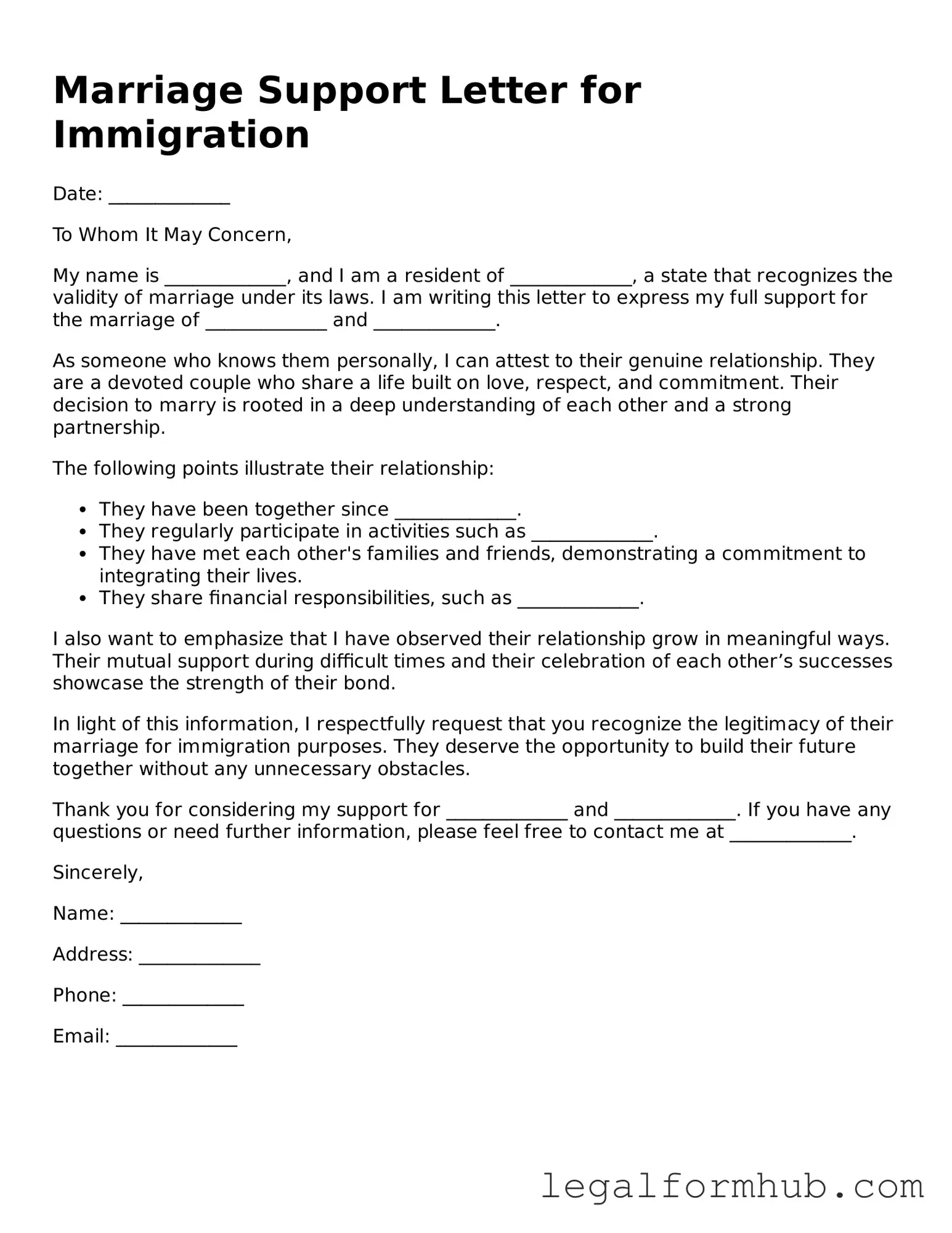 Printable Marriage Support Letter for Immigration Document