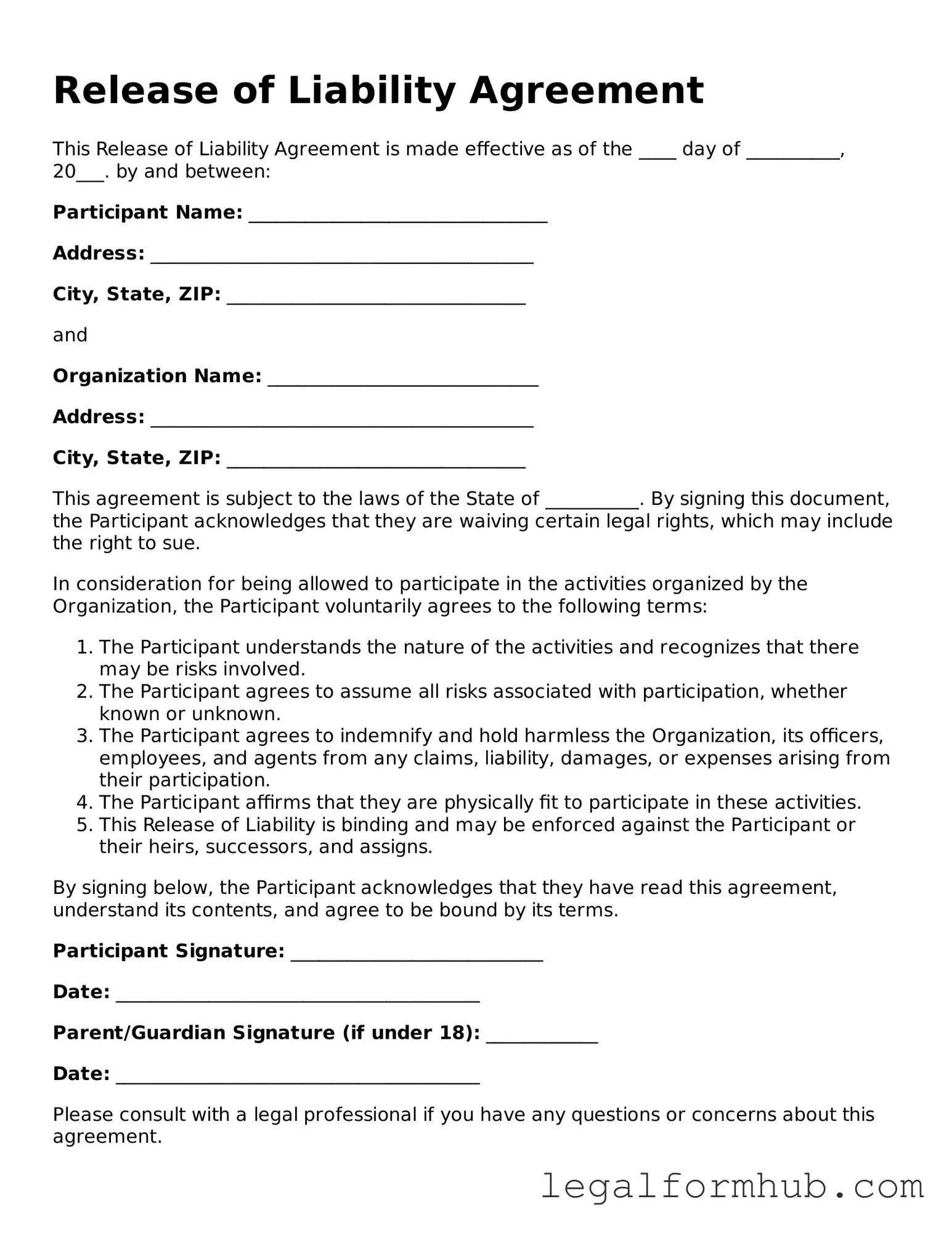 Printable Release of Liability Document