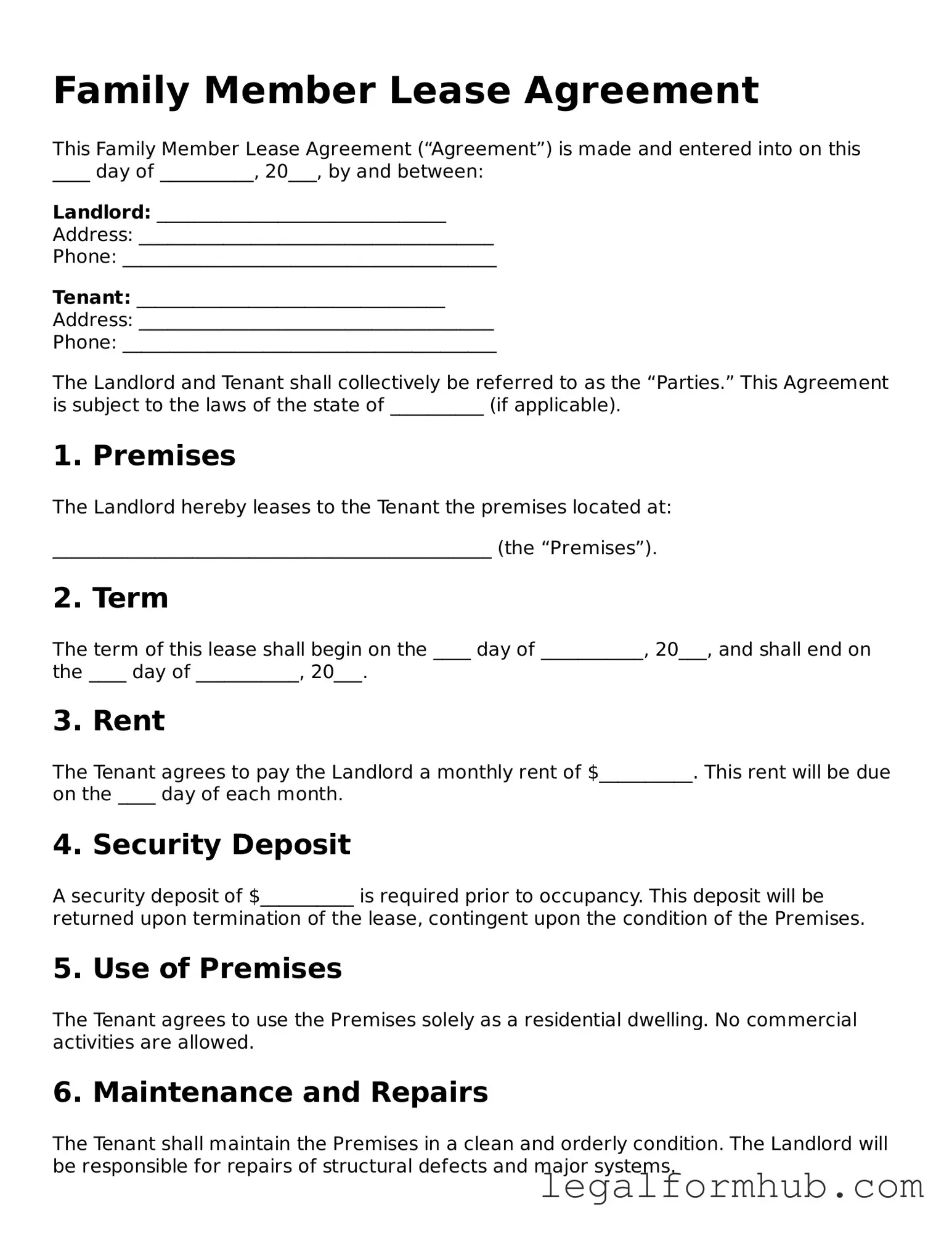 Printable Family Member Lease Agreement Document