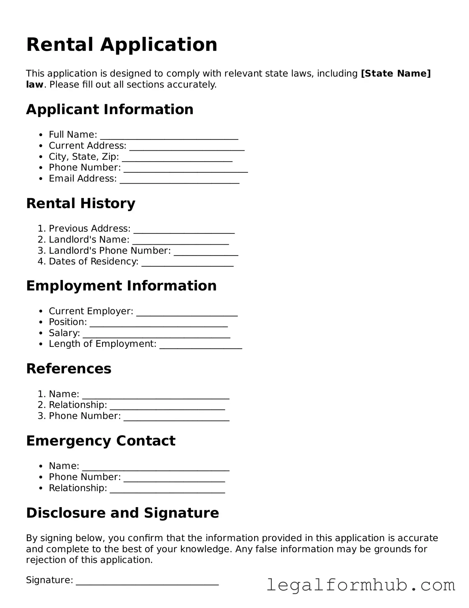 Printable Rental Application Document