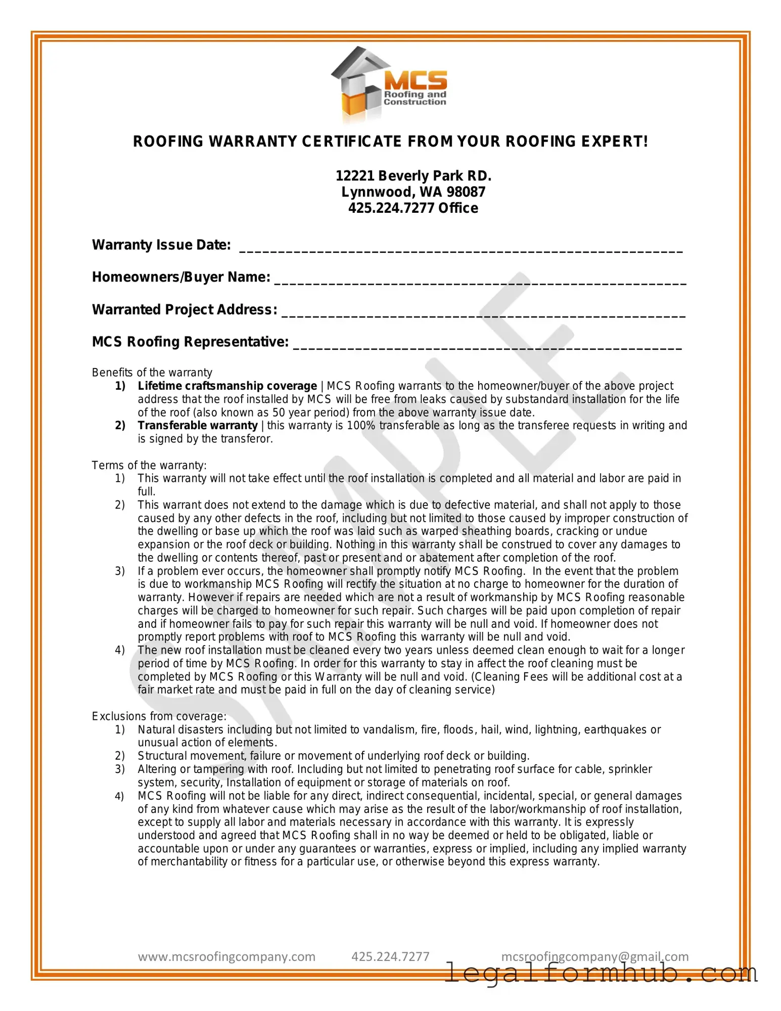 Fill Your Roofing Warranty Certificate Form