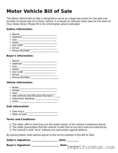 Printable Motor Vehicle Bill of Sale Document