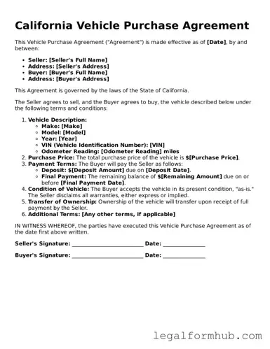 Free  Vehicle Purchase Agreement Template for California