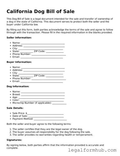 Free  Dog Bill of Sale Template for California
