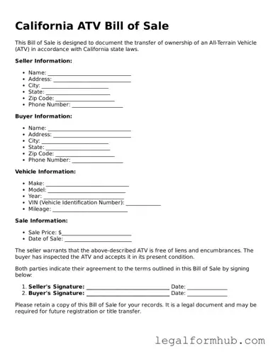 Free  ATV Bill of Sale Template for California