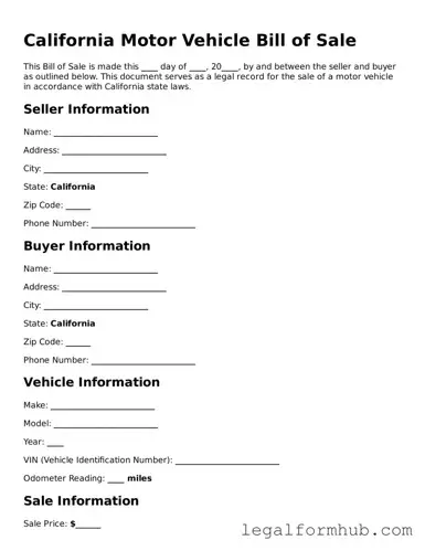 Free  Motor Vehicle Bill of Sale Template for California