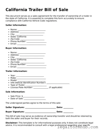 Free  Trailer Bill of Sale Template for California