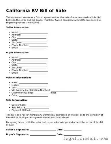 Free  RV Bill of Sale Template for California