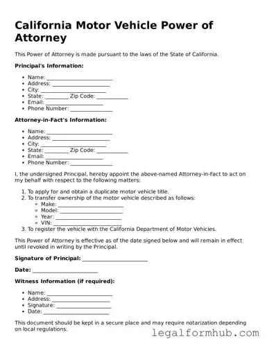 Free  Motor Vehicle Power of Attorney Template for California