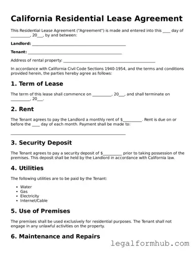 Free  Residential Lease Agreement Template for California